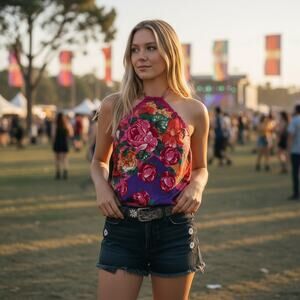 Floral Scarf Halter Top Crop One Size Festival Concert Handcrafted Unique NEW